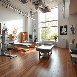 A modern physiotherapy clinic interior design featuring state-of-the-art equipment, calming natural light, and comfortable therapy stations