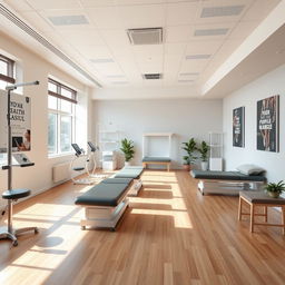 A modern physiotherapy clinic interior design featuring state-of-the-art equipment, calming natural light, and comfortable therapy stations