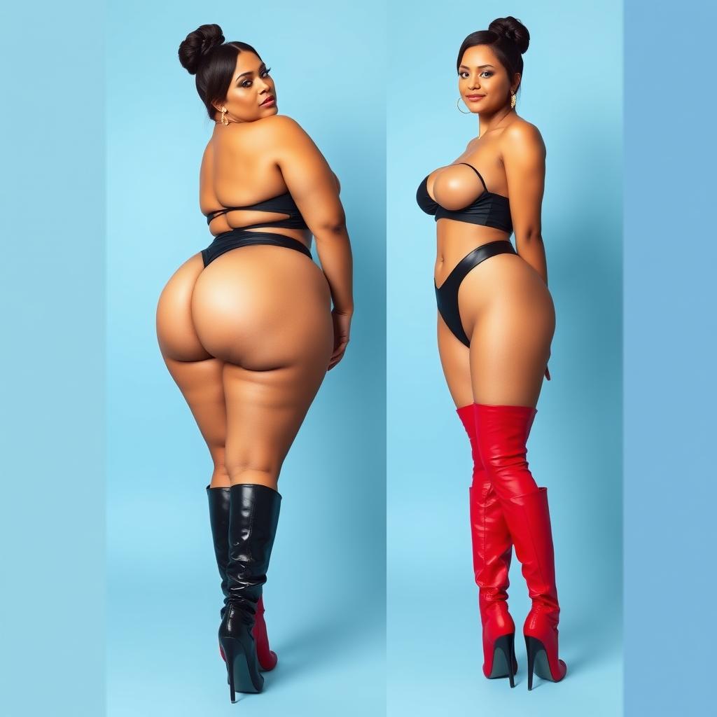 A confident and voluptuous woman with a large bum and ample breasts, embracing her natural beauty and flaunting it in stylish thigh-high boots