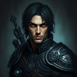 A mystical warrior with a creepy, dark portrait style featuring a male character with elaborate, detailed armor