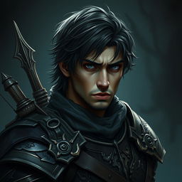 A mystical warrior with a creepy, dark portrait style featuring a male character with elaborate, detailed armor