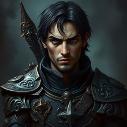 A mystical warrior with a creepy, dark portrait style featuring a male character with elaborate, detailed armor