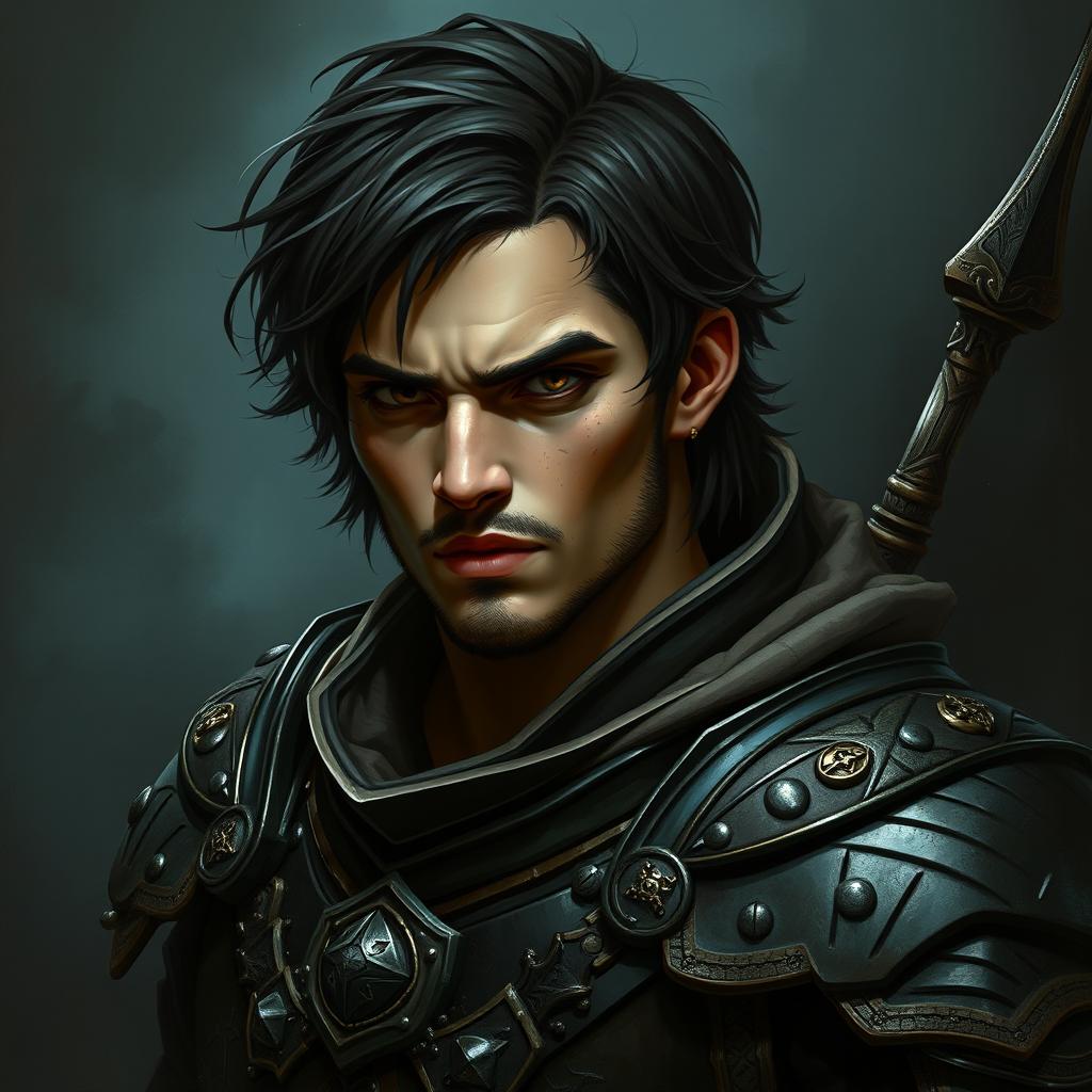 A mystical warrior with a creepy, dark portrait style featuring a male character with elaborate, detailed armor