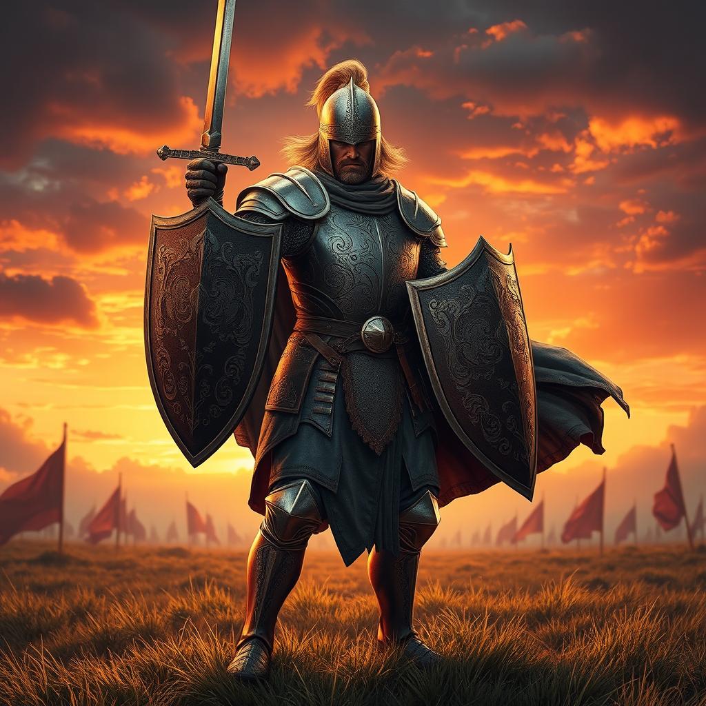 A valiant medieval knight stands resolutely, shield in one hand and sword in the other, against a dramatic sunset background