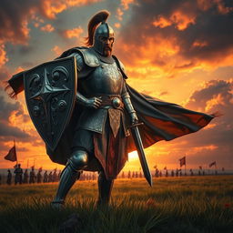 A valiant medieval knight stands resolutely, shield in one hand and sword in the other, against a dramatic sunset background