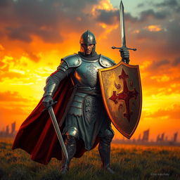 A valiant medieval knight stands resolutely, shield in one hand and sword in the other, against a dramatic sunset background