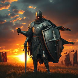 A valiant medieval knight stands resolutely, shield in one hand and sword in the other, against a dramatic sunset background