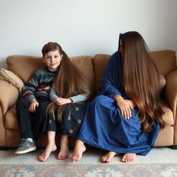 A boy sitting with the girl from next door, on the first couch