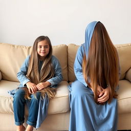 A boy sitting with the girl from next door, on the first couch