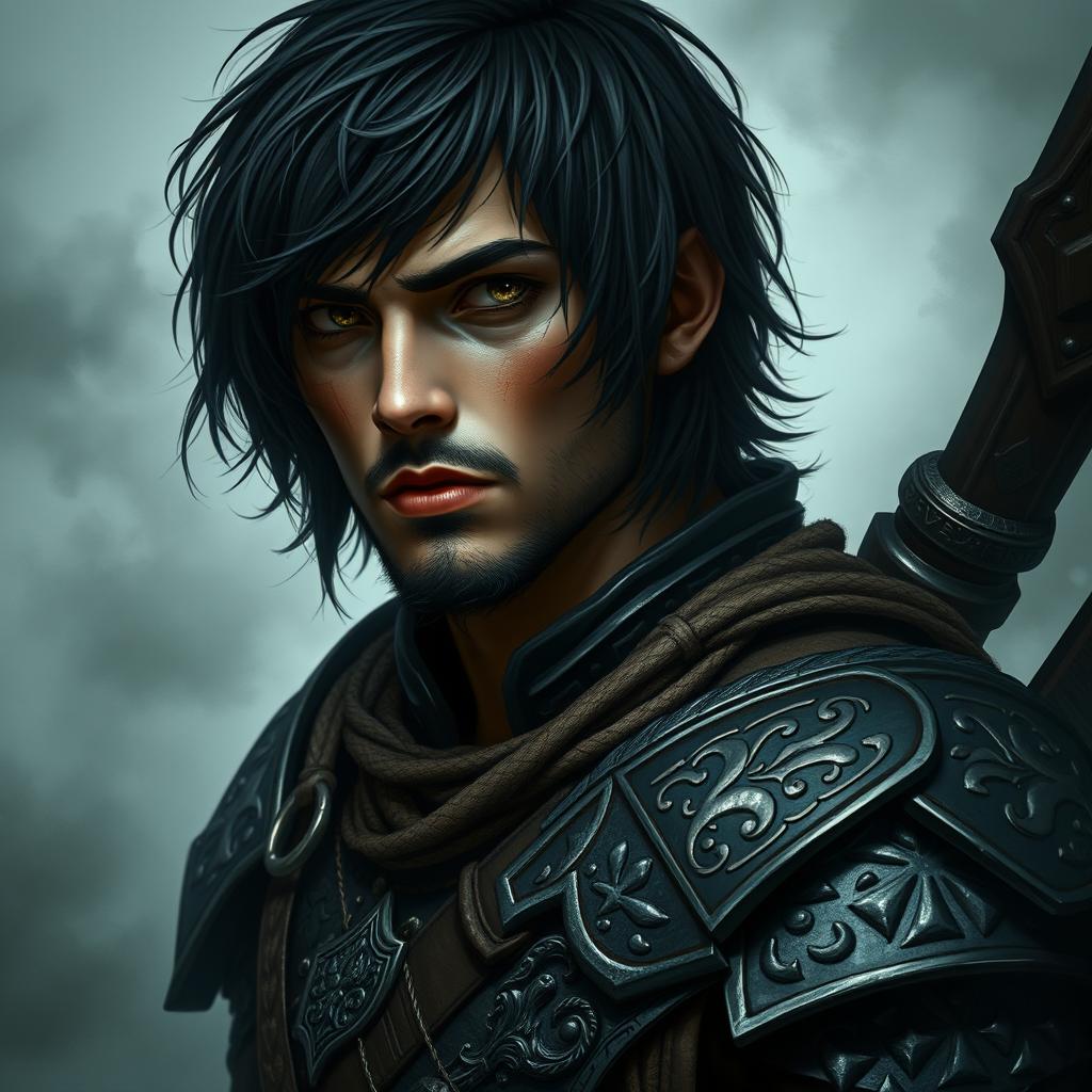 A mystical warrior with a creepy, dark portrait style featuring a male character with a misty background