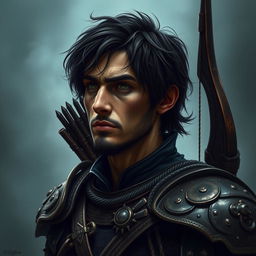 A mystical warrior with a creepy, dark portrait style featuring a male character with a misty background