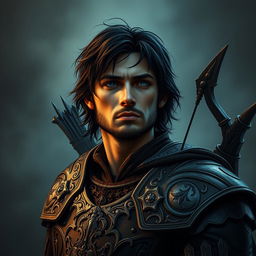 A mystical warrior with a creepy, dark portrait style featuring a male character with a misty background