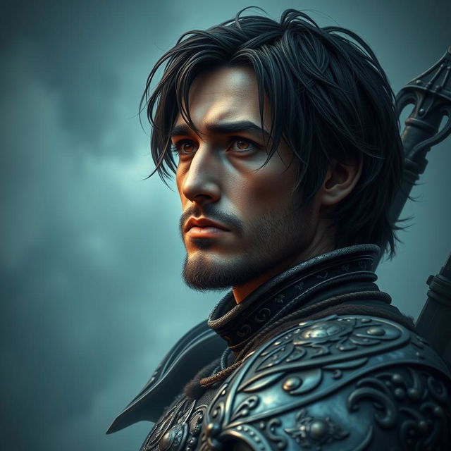 A mystical warrior with a creepy, dark portrait style featuring a male character with a misty background