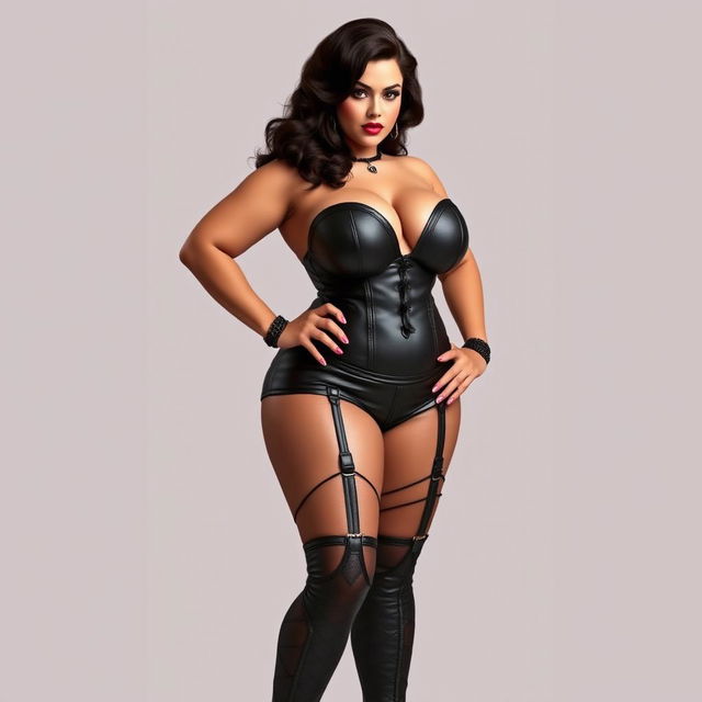 A confident and commanding dominatrix with a voluptuous figure, featuring a curvaceous silhouette and prominently large breasts