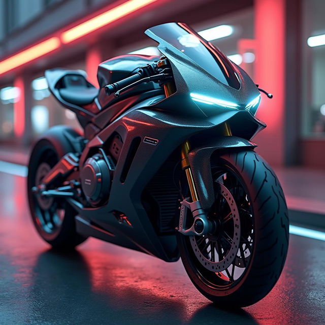 A conceptual image of an Audi-branded motorcycle, showcasing a blend of Audi's sleek automotive design language with cutting-edge motorcycle technology