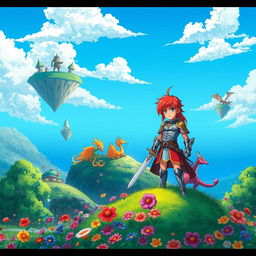 A vibrant anime scene illustrating a fantasy world with a clear blue sky and floating islands in the background