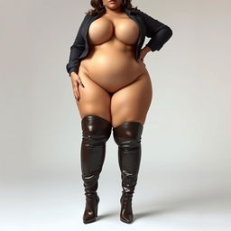 An ultra-realistic depiction of a voluptuous woman with a prominent, curvaceous figure, showcasing her confident posture