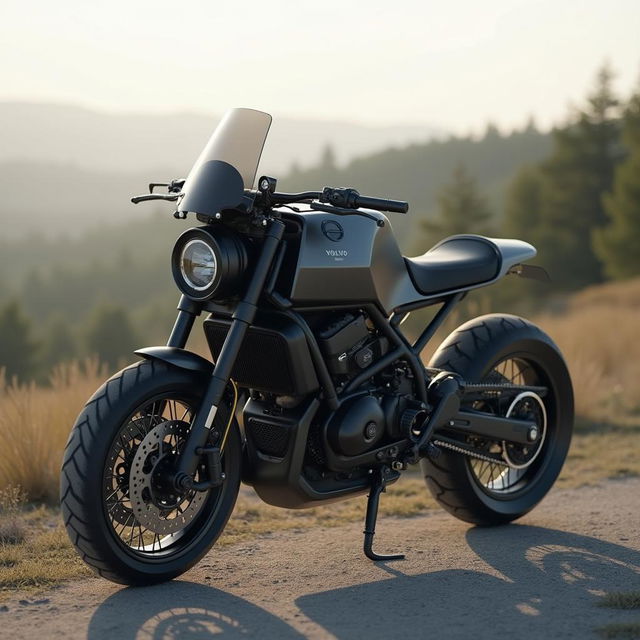 A conceptual image of a Volvo motorcycle, showcasing a Scandinavian design aesthetic inspired by Volvo's renowned car models