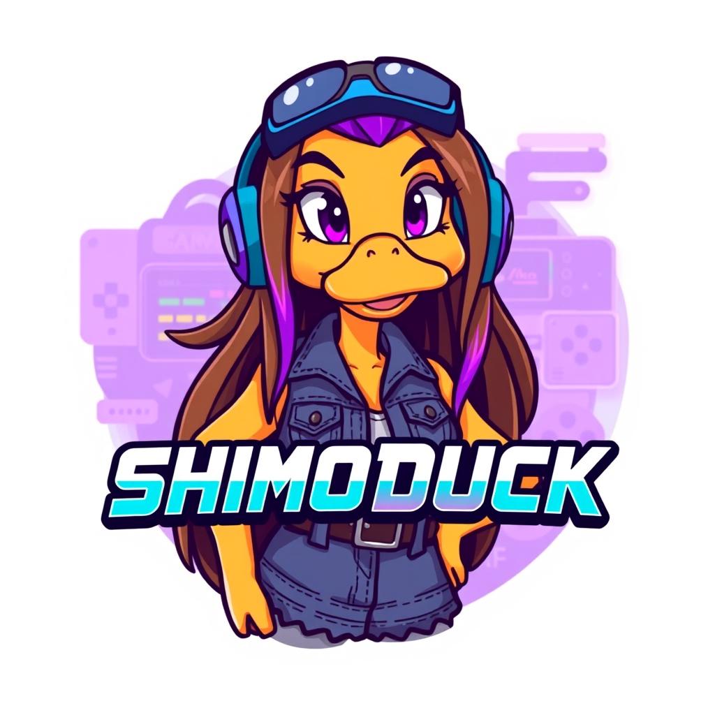 A cartoon-style image of a female duck gamer with long brown hair and violet highlights