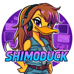 A cartoon-style image of a female duck gamer with long brown hair and violet highlights