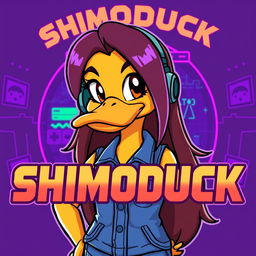 A cartoon-style image of a female duck gamer with long brown hair and violet highlights