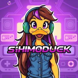 A cartoon-style image of a female duck gamer with long brown hair and violet highlights