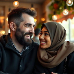 A white man with a black beard and olive green eyes is talking and laughing with his girlfriend, a brunette wearing a hijab with black eyes and juicy lips