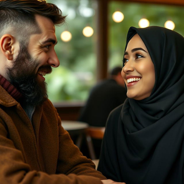 A white man with a black beard and olive green eyes is talking and laughing with his girlfriend, a brunette wearing a hijab with black eyes and juicy lips