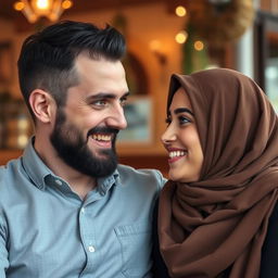 A white man with a black beard and olive green eyes is talking and laughing with his girlfriend, a brunette wearing a hijab with black eyes and juicy lips