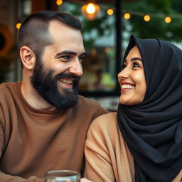 A white man with a black beard and olive green eyes is talking and laughing with his girlfriend, a brunette wearing a hijab with black eyes and juicy lips