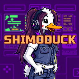 A pixel art image of a female white duck gamer with long brown hair and violet highlights