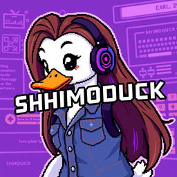 A pixel art image of a female white duck gamer with long brown hair and violet highlights