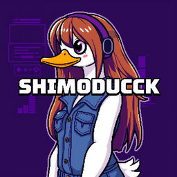 A pixel art image of a female white duck gamer with long brown hair and violet highlights