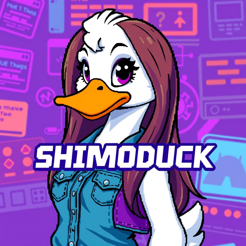 A pixel art image of a female white duck gamer with long brown hair and violet highlights