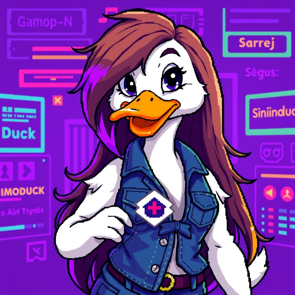 A pixel art image of a female white duck gamer with long brown hair and violet highlights