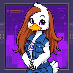 A pixel art image of a female white duck gamer with long brown hair and violet highlights