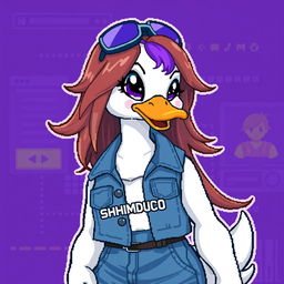 A pixel art image of a female white duck gamer with long brown hair and violet highlights