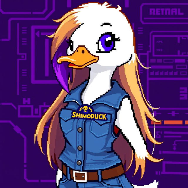 A pixel art image of a female white duck gamer with long brown hair and violet highlights