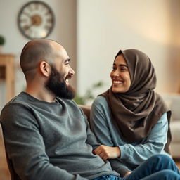 A white man with a black beard and olive green eyes is sitting across from his girlfriend, a brunette wearing a hijab with black eyes and juicy lips