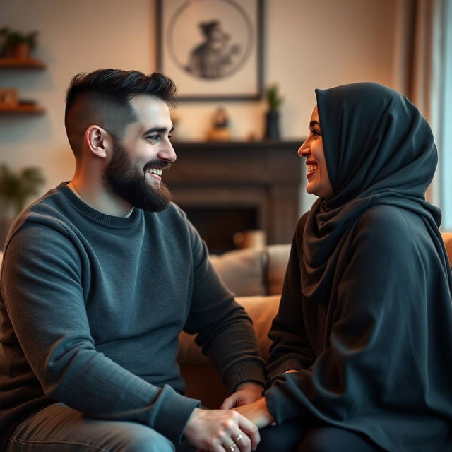 A white man with a black beard and olive green eyes is sitting across from his girlfriend, a brunette wearing a hijab with black eyes and juicy lips