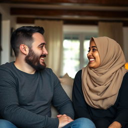 A white man with a black beard and olive green eyes is sitting across from his girlfriend, a brunette wearing a hijab with black eyes and juicy lips