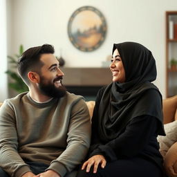 A white man with a black beard and olive green eyes is sitting across from his girlfriend, a brunette wearing a hijab with black eyes and juicy lips