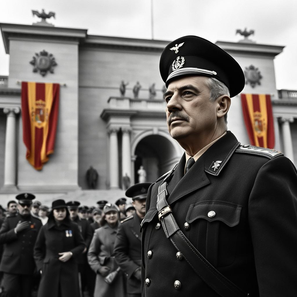 Historical depiction of a solemn political scene from Francoist Spain, focusing on Francisco Franco in military attire