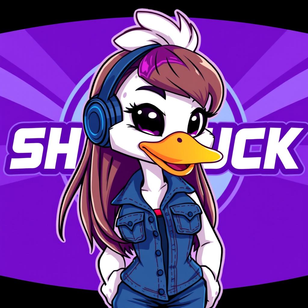 A cartoon-style image of a female white duck gamer with long brown hair and violet highlights