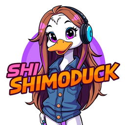 A cartoon-style image of a female white duck gamer with long brown hair and violet highlights