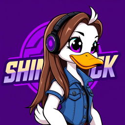 A cartoon-style image of a female white duck gamer with long brown hair and violet highlights