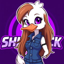 A cartoon-style image of a female white duck gamer with long brown hair and violet highlights