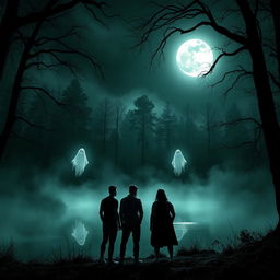 A chilling horror scene depicting a group of friends gathered at the edge of a serene lake under the eerie glow of the moon