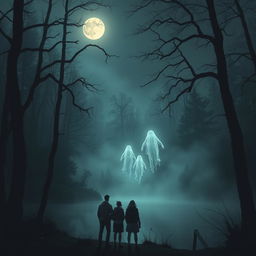 A chilling horror scene depicting a group of friends gathered at the edge of a serene lake under the eerie glow of the moon