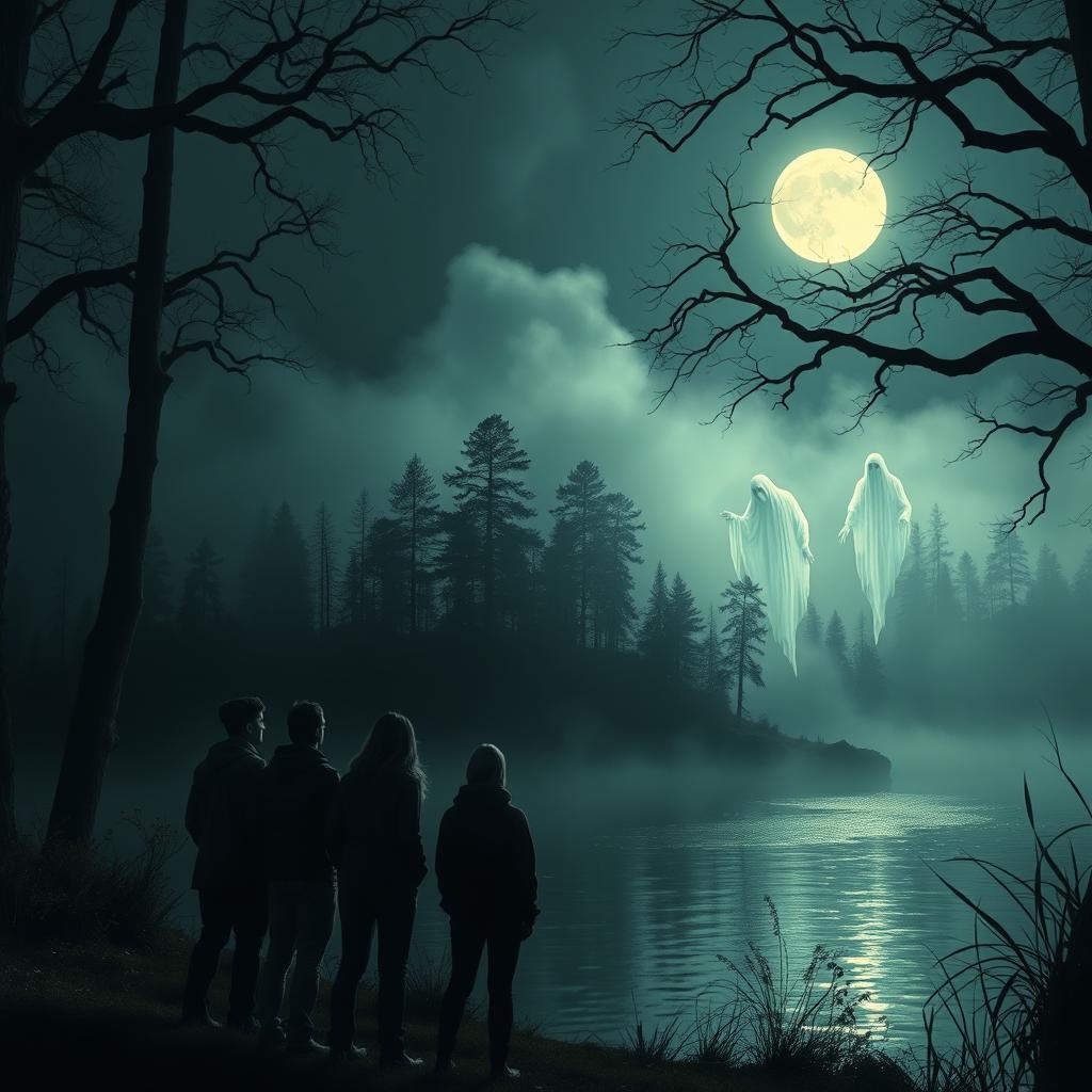 A chilling horror scene depicting a group of friends gathered at the edge of a serene lake under the eerie glow of the moon